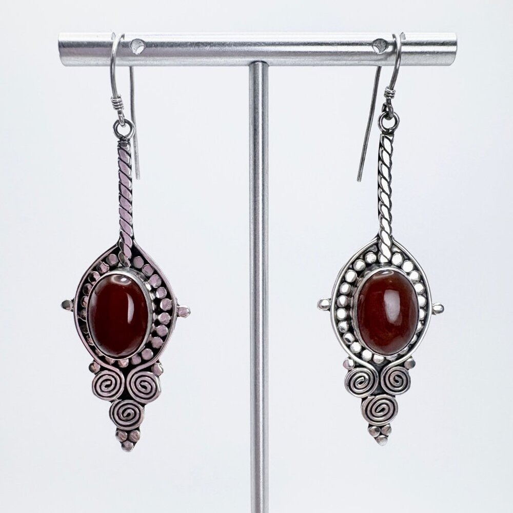 Carnelian Spiral Design Dangle Earrings VTG Sterling Silver 925 Size 2.5" Length